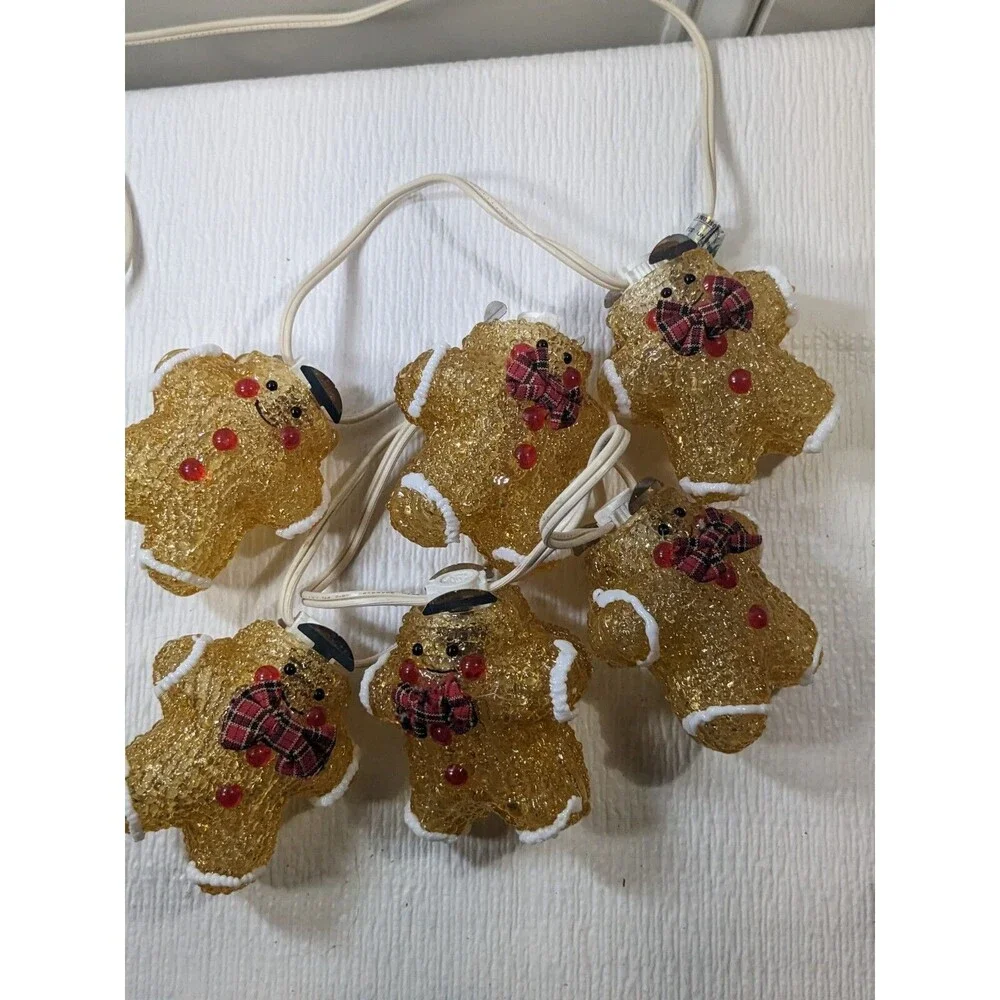 Vintage Gingerbread men cookies string Lights Christmas bowtie caps 6 ft decor